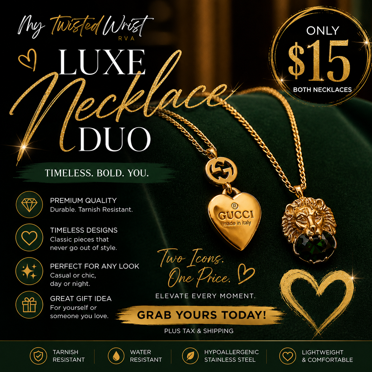 Green Lion Head and Heart Necklace
