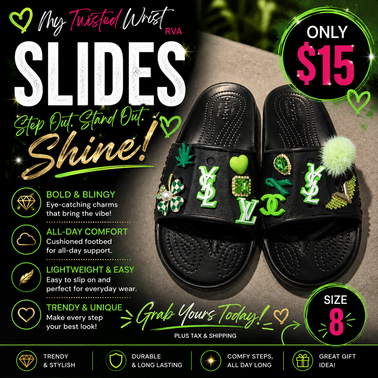 Black and Green Slides Size 8